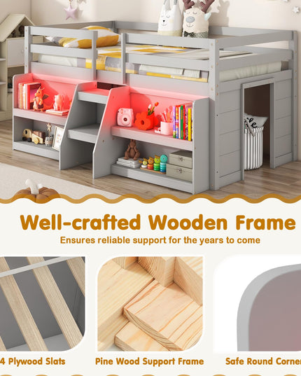 Giantex Low Loft Bed with LED Lights, Wooden Twin Loft Bed with Stairs & Safety Guardrail