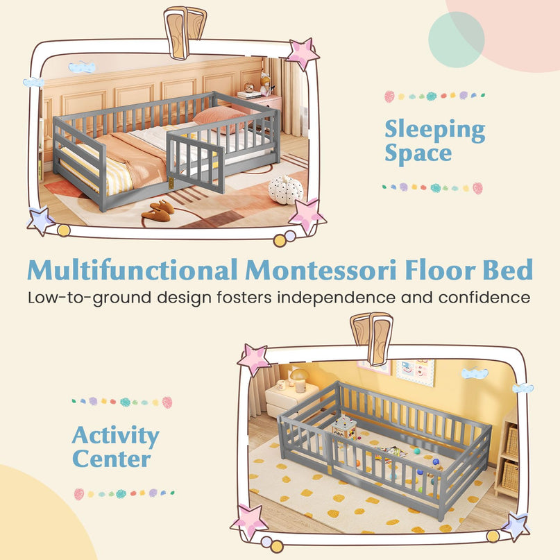 Giantex Twin Floor Bed with High Fence & Door
