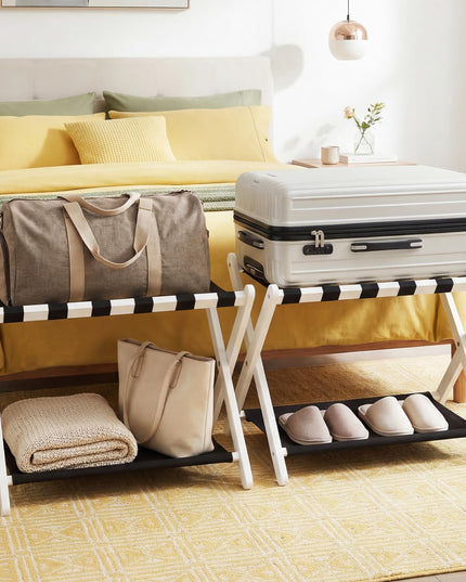 Giantex Folding Luggage Rack | Solid Rubber Wood Suitcase Stand with Storage Shelves (1/2)