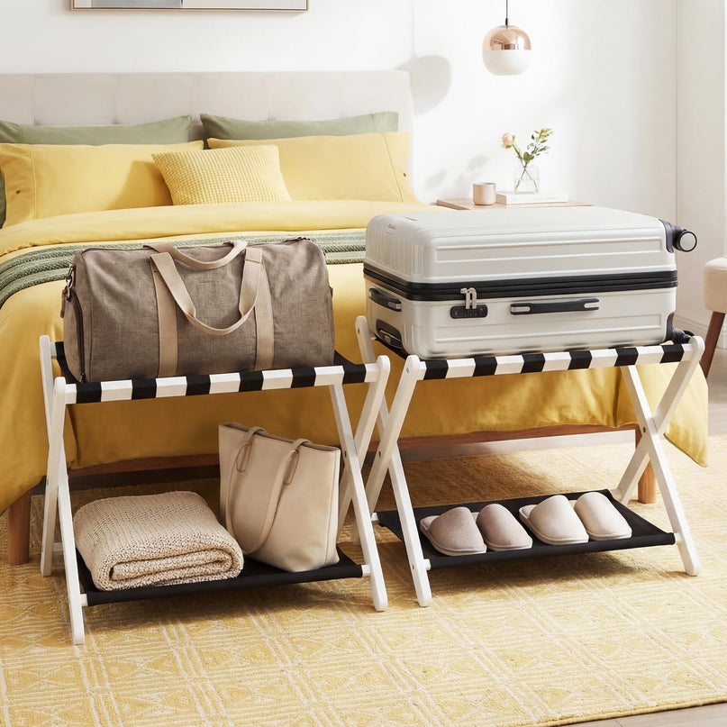 Giantex Folding Luggage Rack | Solid Rubber Wood Suitcase Stand with Storage Shelves (1/2)