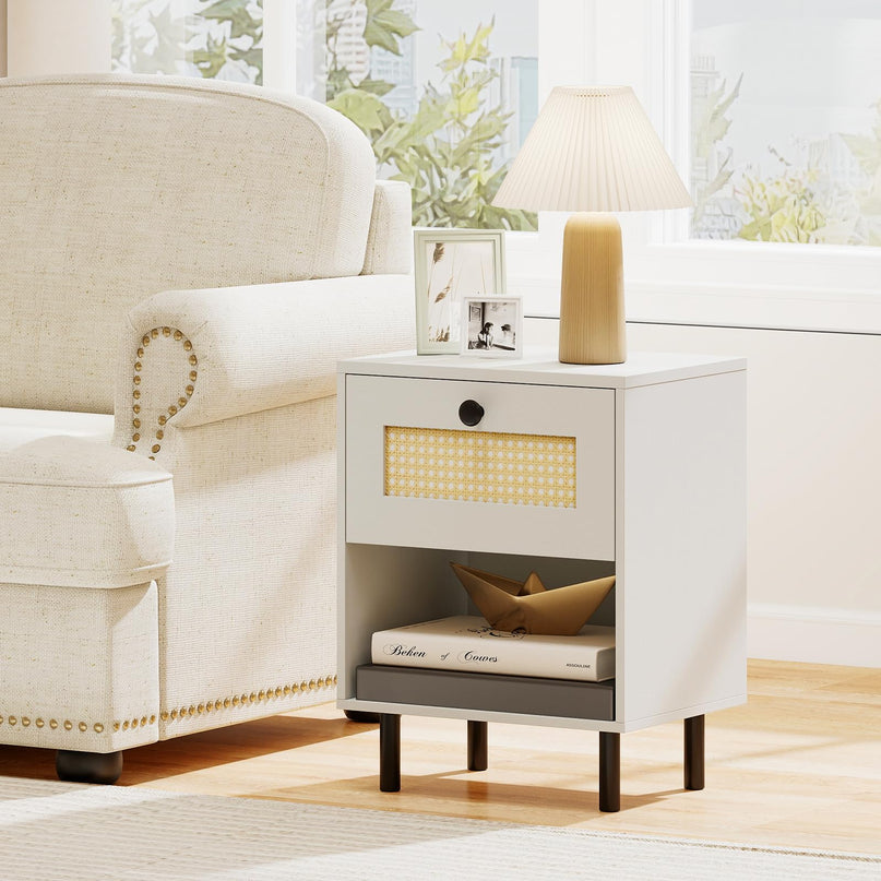 Giantex Rattan Nightstand with Drawer Set of 1/2 Modern Bed Side Table