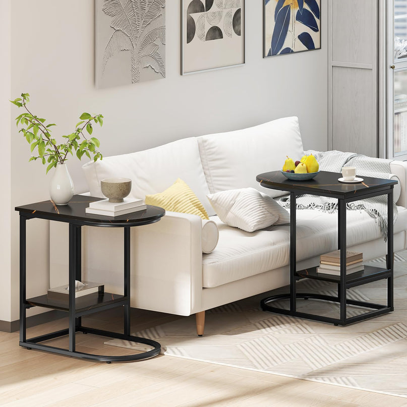 Giantex C Shaped End Table with Faux Marble Tabletop & Storage Shelf