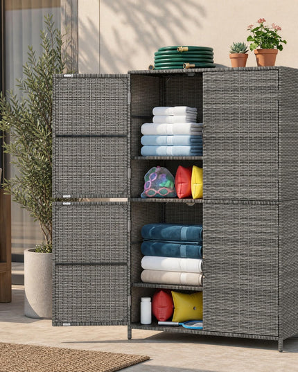 GIANTEX 4-Door PE Rattan Outdoor Storage Cabinet w/ Adjustable Shelves & Anti-Toppling Device