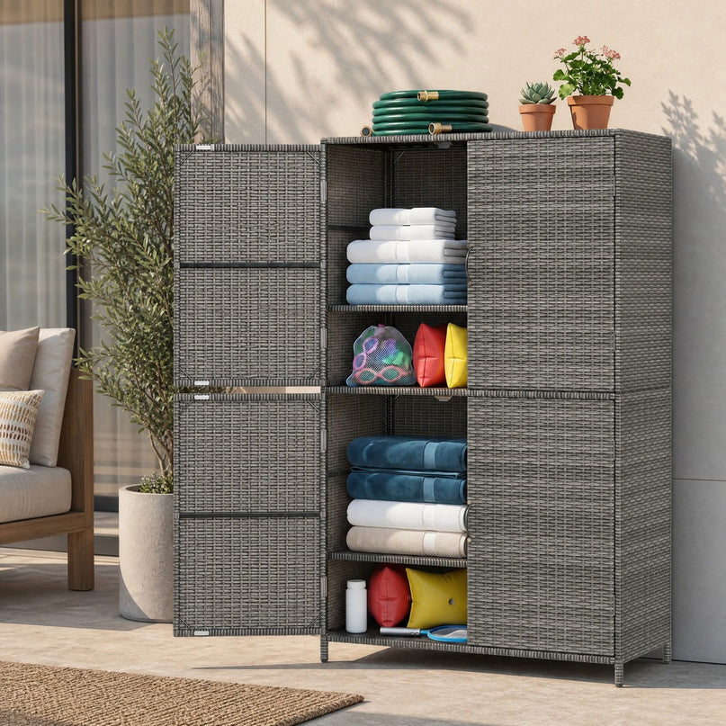 GIANTEX 4-Door PE Rattan Outdoor Storage Cabinet w/ Adjustable Shelves & Anti-Toppling Device
