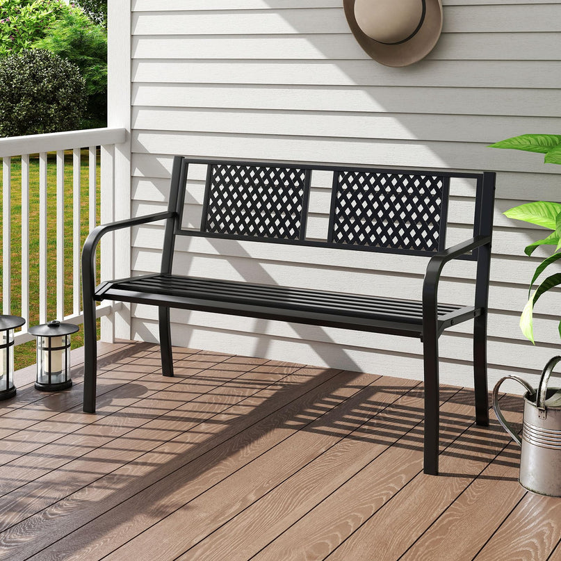 Giantex Metal Outdoor Bench with Mesh Pattern Backrest
