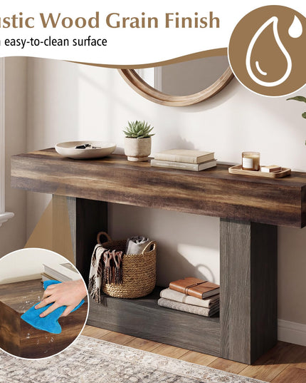 Giantex 63" Farmhouse Console Table with Storage Shelf - Rustic Brown