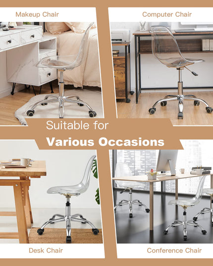 Giantex Clear Desk Chair, Acrylic Armless Office Rolling Chair, Height Adjustable Leisure Ghost Chair