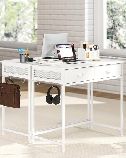 Giantex Small Computer Desk with Fabric Drawers, 36 Inch Home Office Desk with 4 Hanging Hooks & Metal Frame