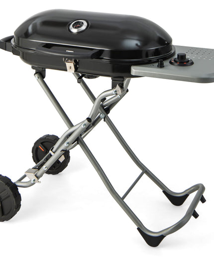 Giantex Gas Grill, Portable Propane Grill with 15,000 BTUs Burner, Side Table, 2 Wheels, Grease Tray