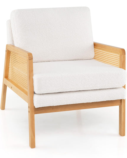 Giantex Mid Century Modern Accent Chair, Boho Boucle Living Room Arm Chair w/Rattan Arms