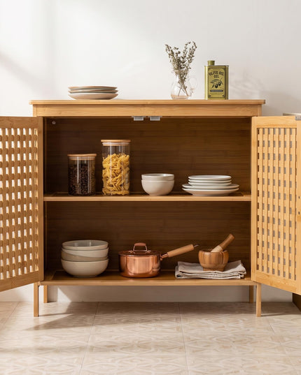 Giantex Freestanding Bamboo Bathroom Storage Cabinet with 2 Doors