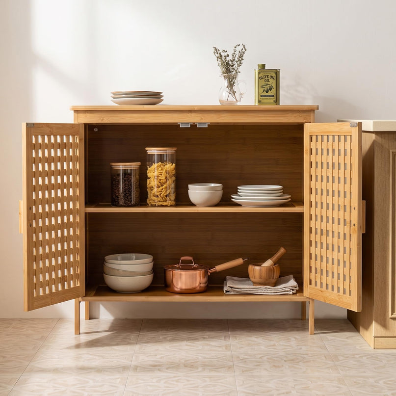Giantex Freestanding Bamboo Bathroom Storage Cabinet with 2 Doors