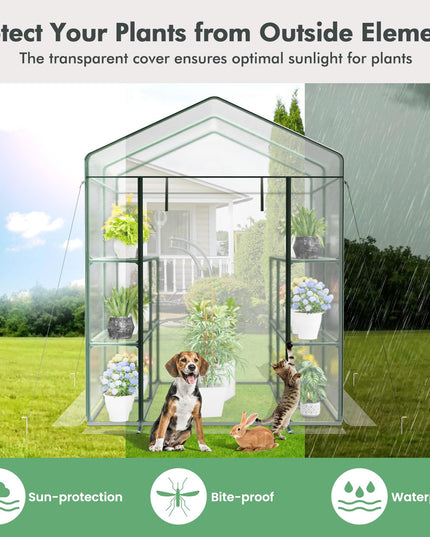 Giantex Walk-in Greenhouse w/ 3 Tiers 4 Shelves, 4 Ground Stakes & Ropes, PVC Cover