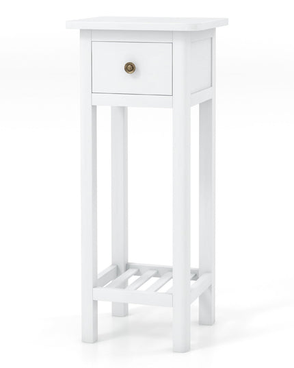 Giantex Narrow End Table with Drawer, Tall Acacia Wood Side Table with Bottom Shelf, Modern Bedside Tables