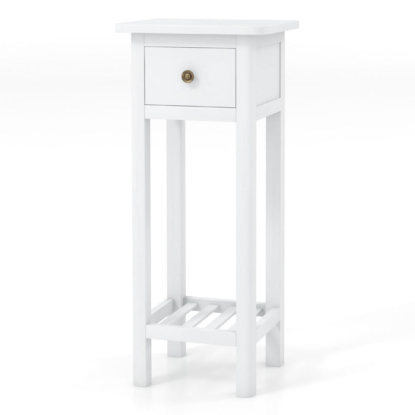 Giantex Narrow End Table with Drawer, Tall Acacia Wood Side Table with Bottom Shelf, Modern Bedside Tables