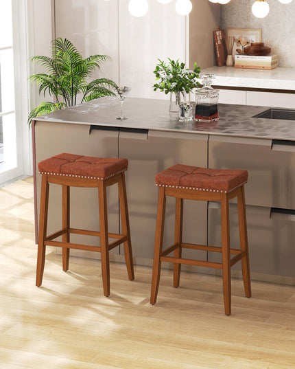 Giantex Bar Stools Set, 29" Counter Height Bar Stools w/Saddle Seat, Footrest, Rivet, Button Tufted, Rubber Wood Frame