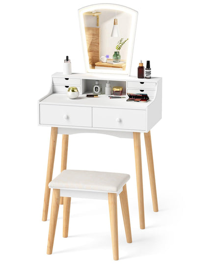 Small Vanity Desk with Mirror and Lights, White Makeup Vanity Desk with 6 Drawers