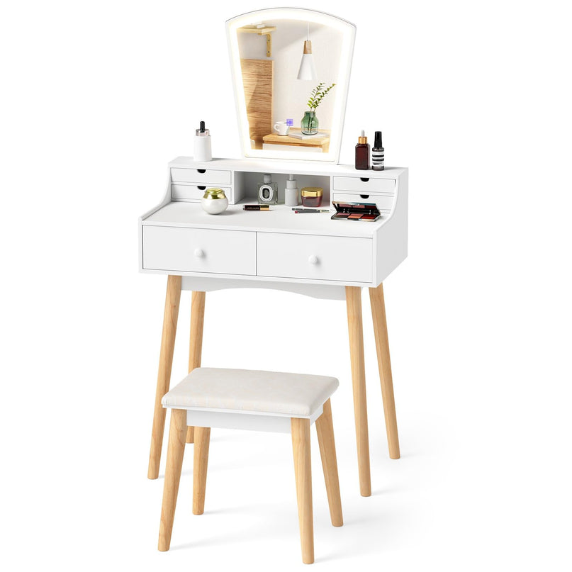 Small Vanity Desk with Mirror and Lights, White Makeup Vanity Desk with 6 Drawers