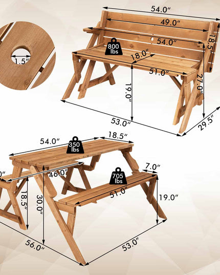 Giantex Wooden Picnic Table Set, 2 in-1 Folding Picnic Bench Set Transforming Interchangeable