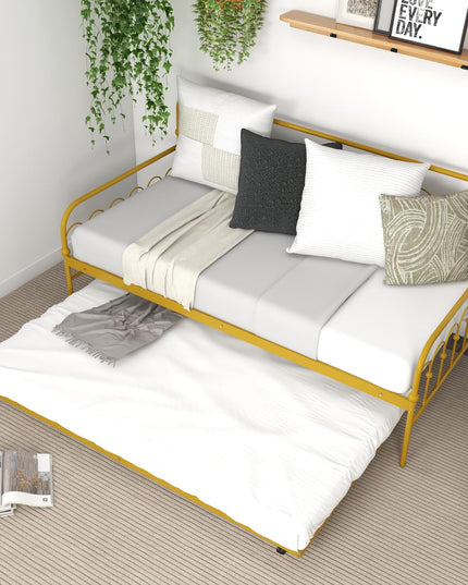 Giantex Twin Daybed with Trundle Gold, Metal Day Bed with Convenient Pull-Out Trundle Bed