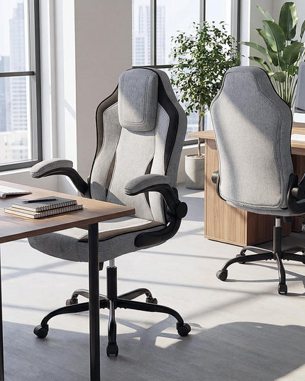 Chaise de bureau ergonomique Giantex | Chaise de bureau en tissu de lin avec accoudoirs relevables à 90°