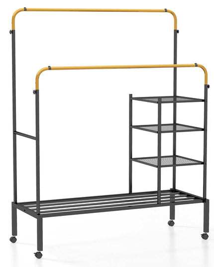 Giantex Double Rods Garment Rack with Wheels, Clothing Rack w/ 2 Hanging Height Adjustable Rods, Side Mesh Racks