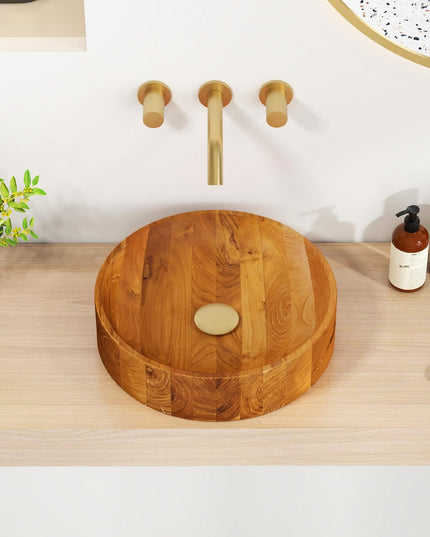 Giantex Teak Wood Vessel Sink - Bathroom Washbasin with Smooth Finish, 2.5” Drain Hole for 1 5/8" Drainage (16” x 16” x 4”)
