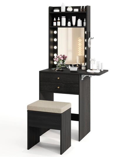 CHARMAID Small Vanity Desk with Mirror and Lights, Makeup Vanity Table with Charging Station, Drawers, Shelves, Foldable Side Table