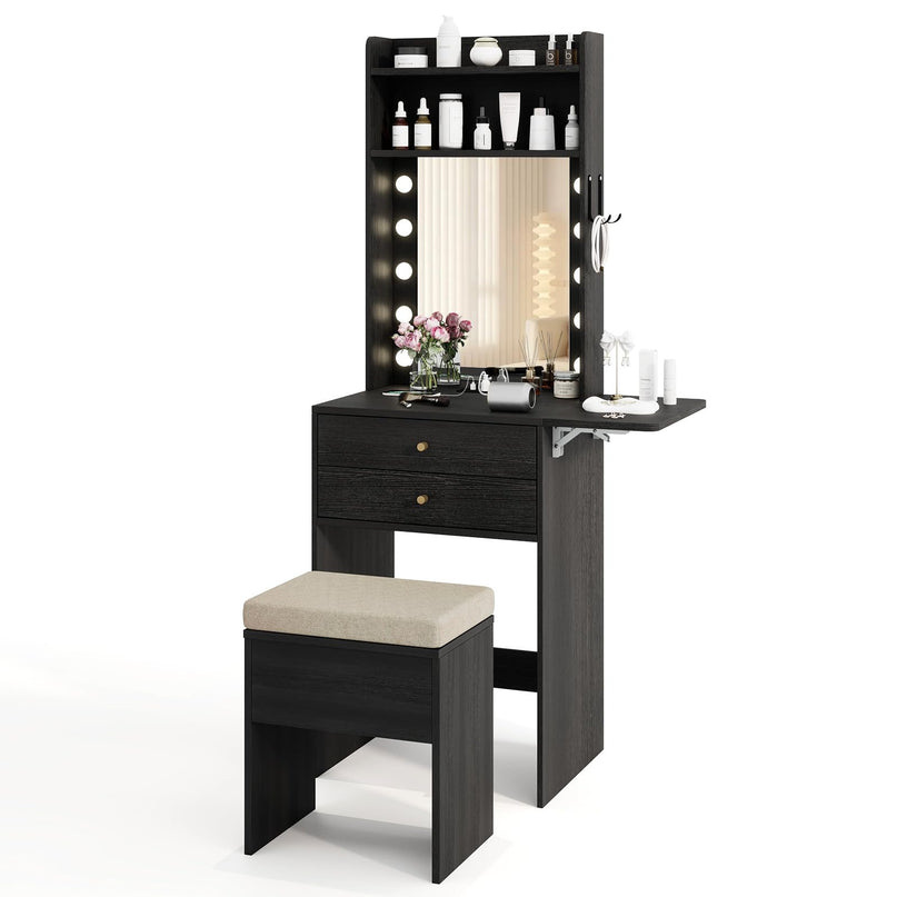CHARMAID Small Vanity Desk with Mirror and Lights, Makeup Vanity Table with Charging Station, Drawers, Shelves, Foldable Side Table