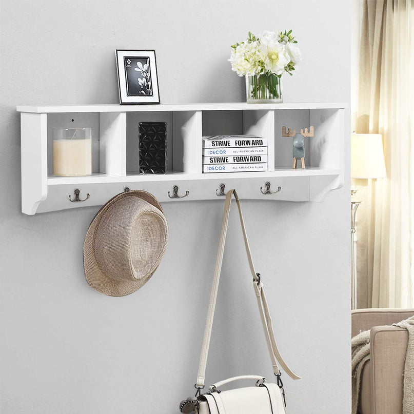 Giantex Wall-Mounted Storage Shelf W/4 Storage Units and 5 Dual Hooks