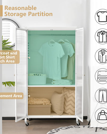 Portable Closet with Rollers, Mobile Metal Armoire Closet with Hanging Rod