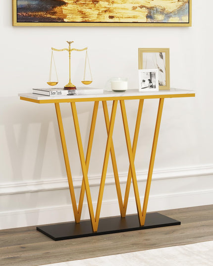Console étroite dorée Giantex 100 cm avec plateau aspect marbre et base en métal robuste