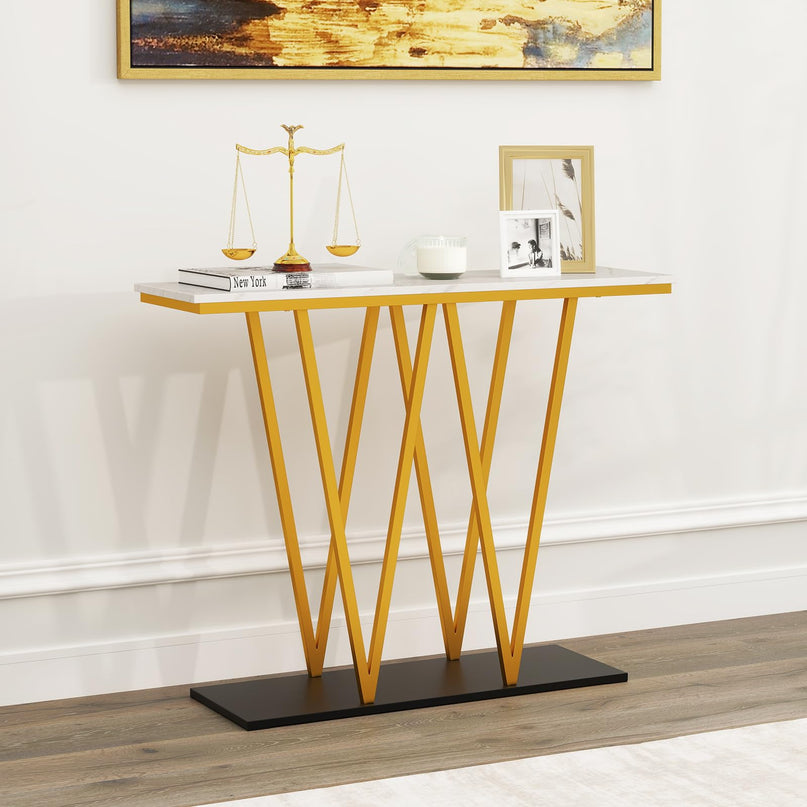 Console étroite dorée Giantex 100 cm avec plateau aspect marbre et base en métal robuste