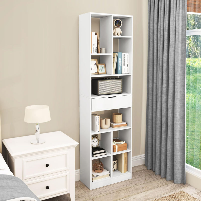 Giantex 71" Bookcase with Drawer with 10 Open Cubes