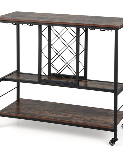 Giantex 3-Tier Wine Bar Cabinet - on Wheels, 8 Bottles Rack & 12 Glasses Hanger (Rustic Brown & Black)