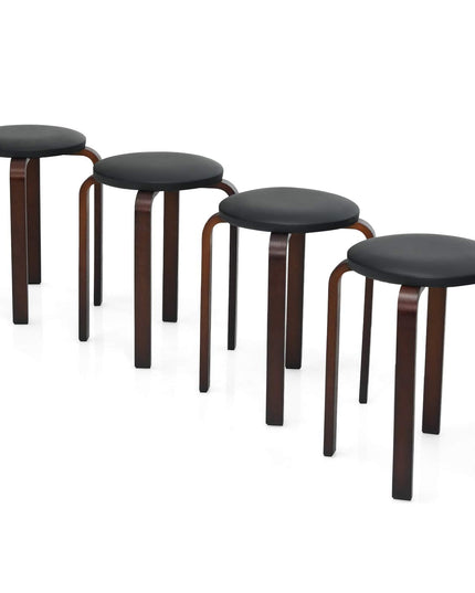 4-Pack Bentwood Stack Stools, 18.5-Inch Portable Stools with PU Leather Round Top, Non-Slip Foot Mats