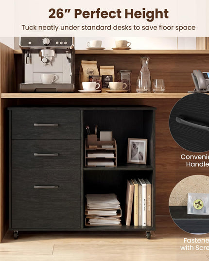 3-Drawer File Cabinet | Mobile Lateral Filing Cabinet with Wheels