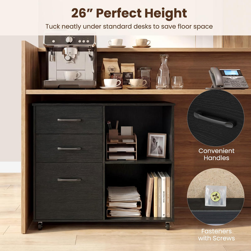 3-Drawer File Cabinet | Mobile Lateral Filing Cabinet with Wheels