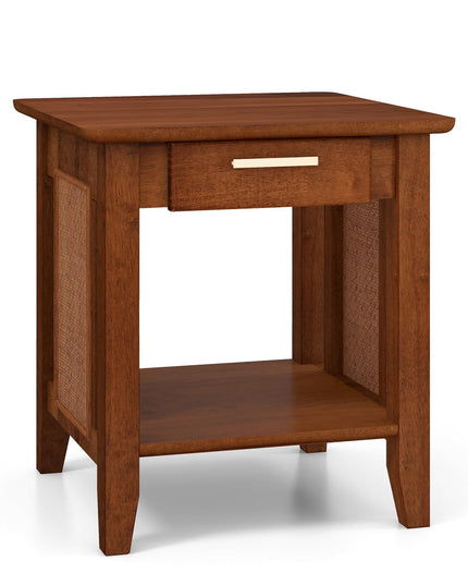 Giantex Rattan Nightstand with Drawer, Mid Century End Table with Storage Shelf, Sofa Side Table with Solid Rubber Wood Legs