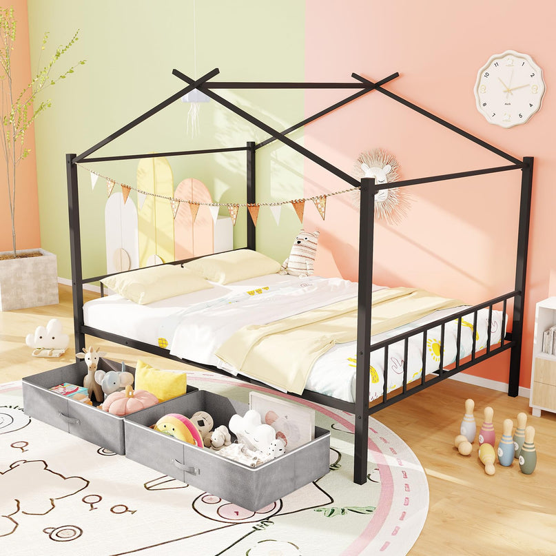 Giantex Metal Montessori Full Size House Bed with 2 Storage Drawers Noise Free