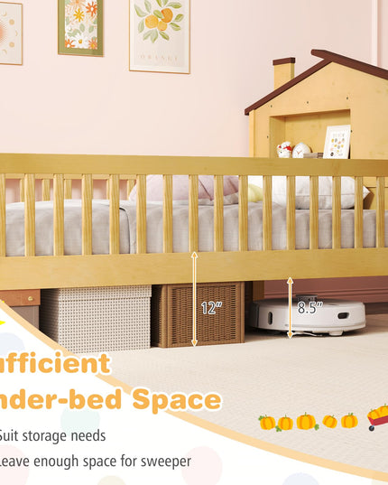 Giantex Twin Bed Frames for Kids, Solid Wood Montessori Bed with House-Shaped Headboard & Built-in Storage Shelf