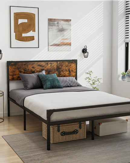 Giantex Full Size Bed Frame with Rustic Headboard & Footboard, Strong Metal Slat Support Mattress Foundation