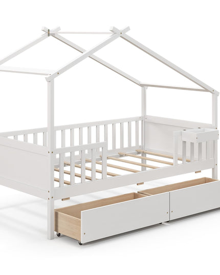 Giantex Twin House Bed with Drawers, Wooden Twin Bed Frame with Cube Storage & Fence Rails