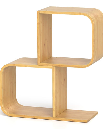 Giantex S-Shaped Bookcase, 2-Tier Bamboo Bookshelf with 2 Open Cubes, Geometric Corner Display Shelf