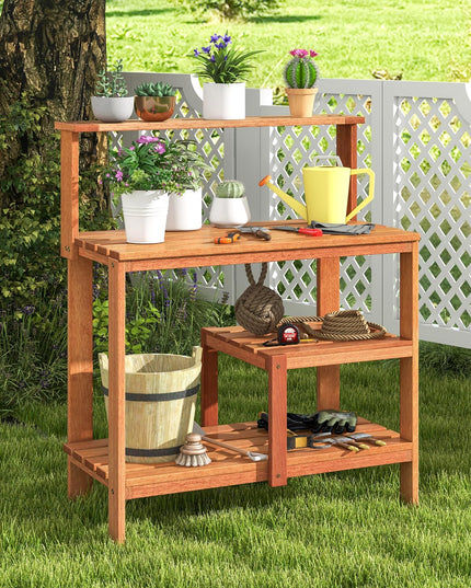 Giantex 4-Tier Potting Bench, Solid Wood Gardening Workstation w/Open Storage Shelves