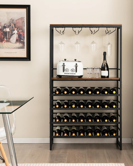 Floor Wine Rack w/ 4-Tier Wine Storage & 4 Rows of Stemware Racks