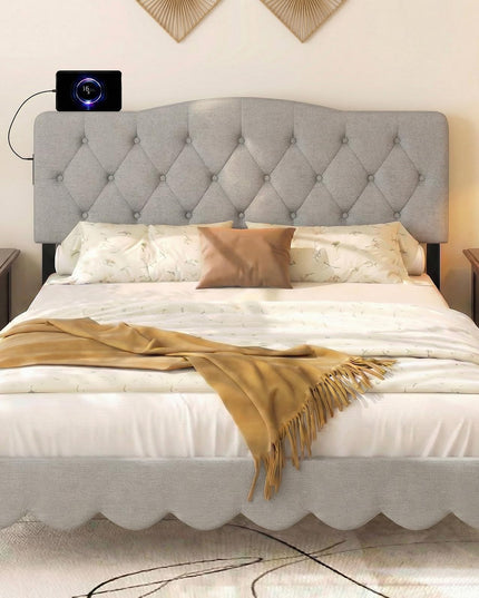 Giantex Headboard with Charging Station Queen/Full Size（Curved Diamond Tufting with Charging）