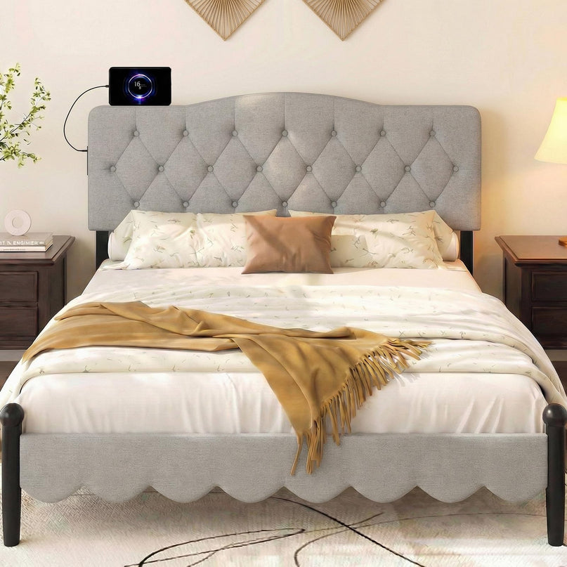 Tête de lit Giantex avec station de charge Grand lit/lit double (capitonnage en losanges incurvés avec chargement)