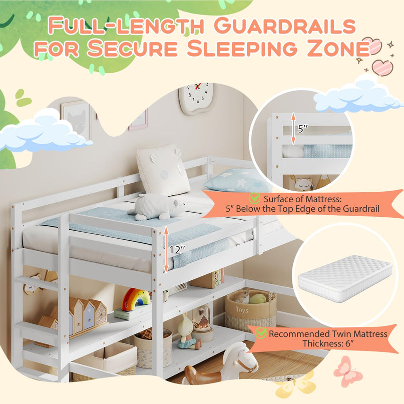 Giantex Twin Wooden Loft Bed with Full-Length Guardrails & Ladder