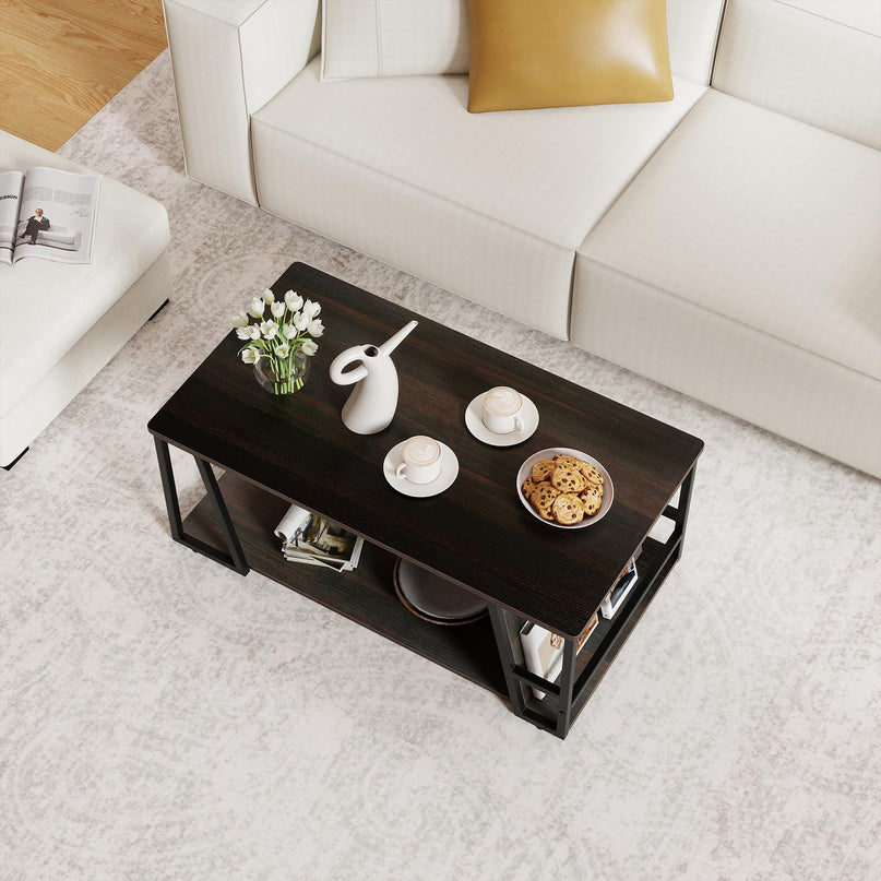 Giantex Modern 2-Tier Rustic Wood Rectangular Geometric Coffee Table with Storage